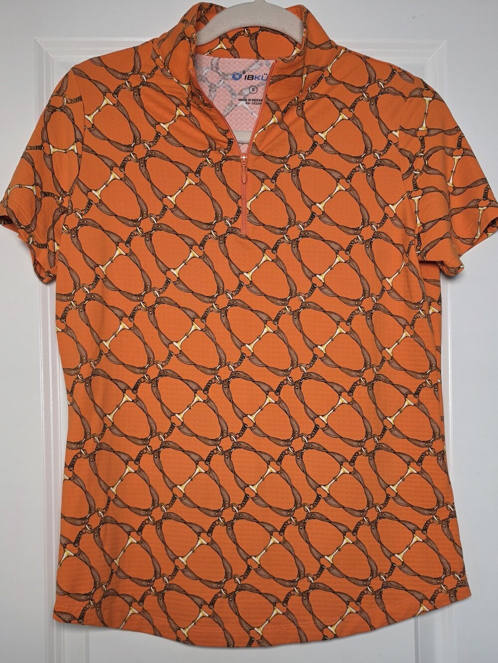 IBKUL Orange Equestrian Horse Bit Print Quarter Zip Golf Polo Shirt Women's S